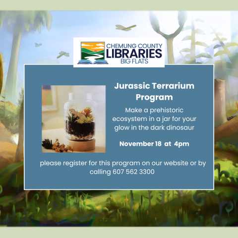 Make a prehistoric ecosystem in a jar for your glow in the dark dinosaur.  During this program we will chat about dinosaurs while we fill jars with gravel, soil, prehistoric plants, and of course, a dinosaur!  Check out our other DINOvember programs this month at Big Flats Library  Jurassic Terrarium Program  November 18th at 4 pm