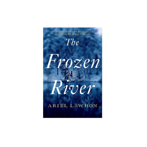 Frozen River book cover wth Icy trees and a women in a red coat running along the riverbank