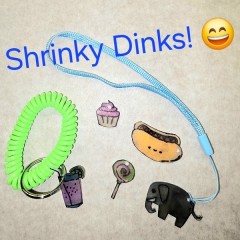 Drink, lollipop, hot dog, cupcake and elephant shrinky dinks with 2 key ring options.