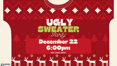 Red and white knit sweater pattern in the background with white and gree lettering that reads, "Ugly Sweater Party"