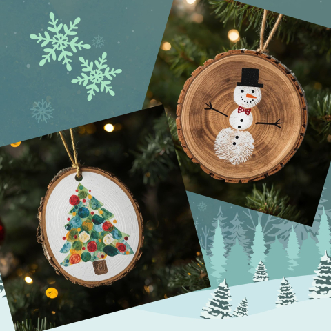 Wood slice ornaments with a Christmas tree and a snowman