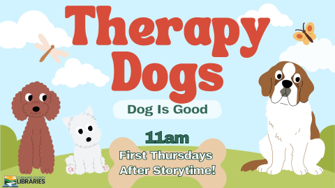 Three cartoon dogs of different breeds sitting in the grass beneath a blue sky.