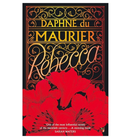 Book cover of Rebecca by Daphne du Maurier - with red flowers in the foreground against a black cover