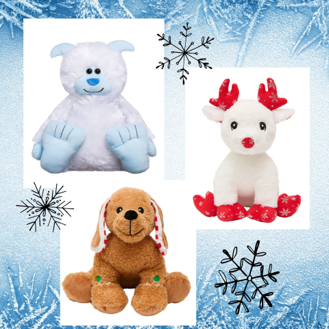 3 choices to stuff, snow monster, reindeer and dog