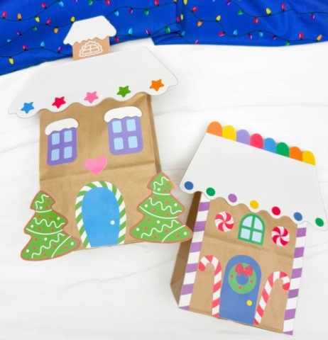 Gingerbread houses made of paper and paper bags.