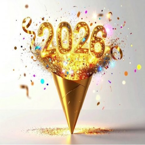 The year 2026 with confetti and a gold party hat.