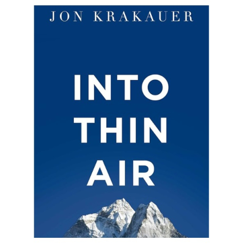 book cover of Into Thin Air with title displayed against a blue background and a mountain peak covered in snow