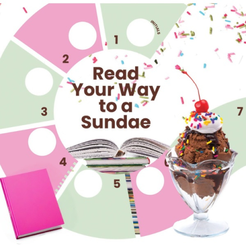 a game board with pink and green squares and an ince cream Sundae and a pink book