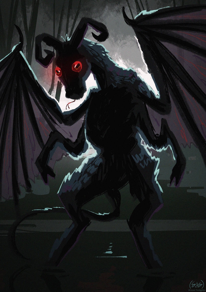 a goat monster with bat wings, horns, and red eyes standing on its hind legs in a dark forest