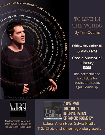 man in black sweater against black background with lines of poetry in color flowing around him