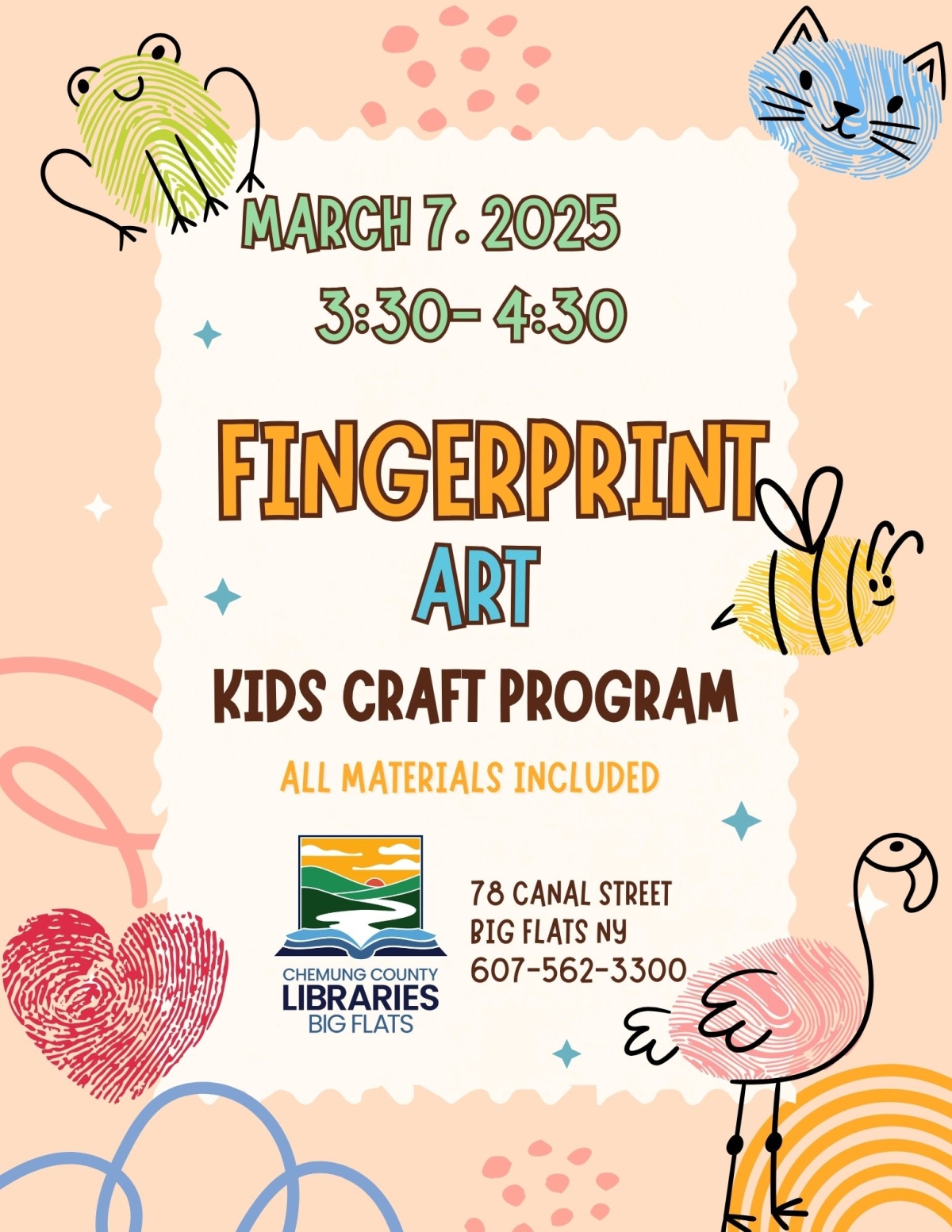 flyer for fingerprint art program for kids on march 7th at 330pm to be held at big flats library