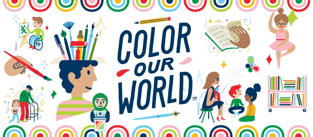 A banner of colorful images with the words "Color our World" in the center