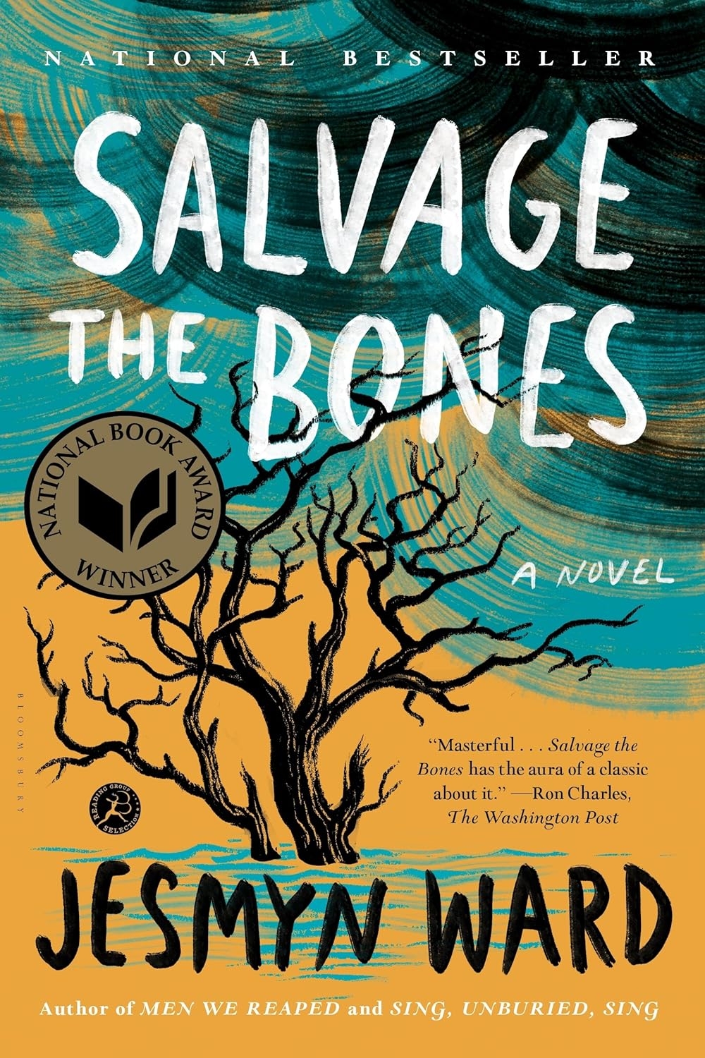 Salvage the Bones book cover of a barren tree planted in the ground against a dark blue sky 