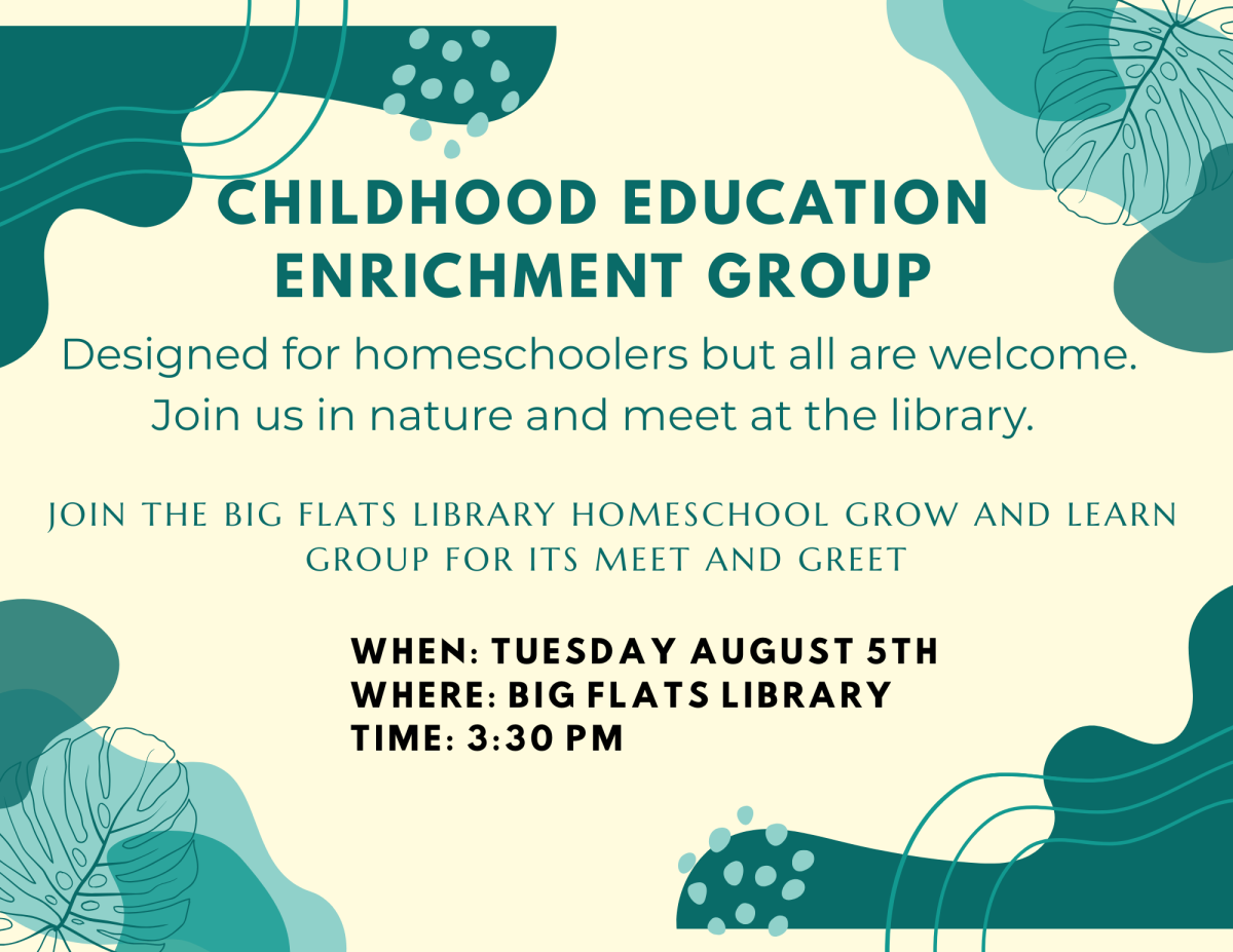 homeschool meet and greet event at big flats library august 5th at 330 pm. 