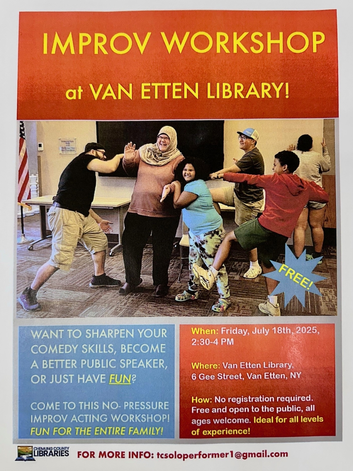 FAMILY IMPROV WORKSHOP AND KARAOKE MACHINE GIVEAWAY AT VAN ETTEN LIBRARY