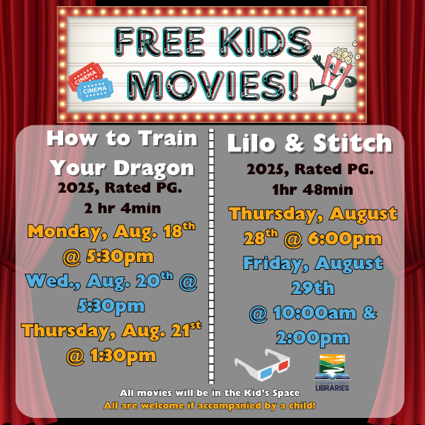 Lilo & Stitch, showing on 8/29 @ 10:00am & 2:00pm in the Steele Library Kids Space
