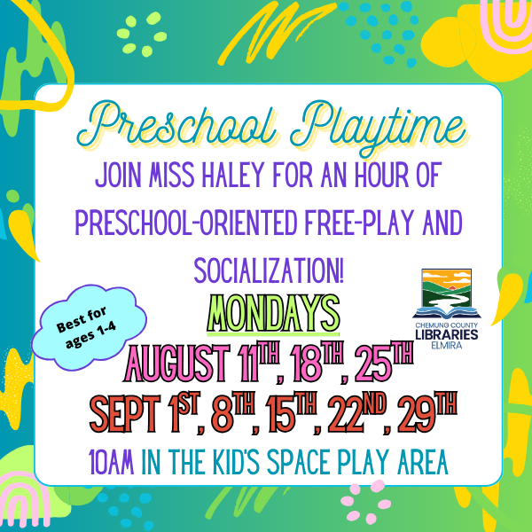 Join Miss Haley for an hour of preschool-oriented free-play and socialization. Every Monday at 10am