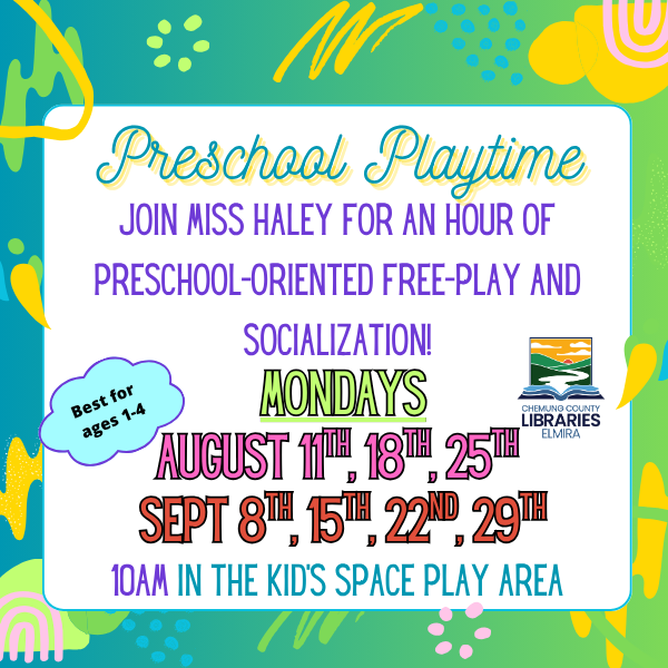 Join Miss Haley for an hour of preschool-oriented free-play and socialization. Every Monday at 10am