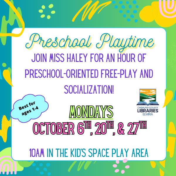 Join Miss Haley for an hour of preschool-oriented free-play and socialization. Every Monday at 10am