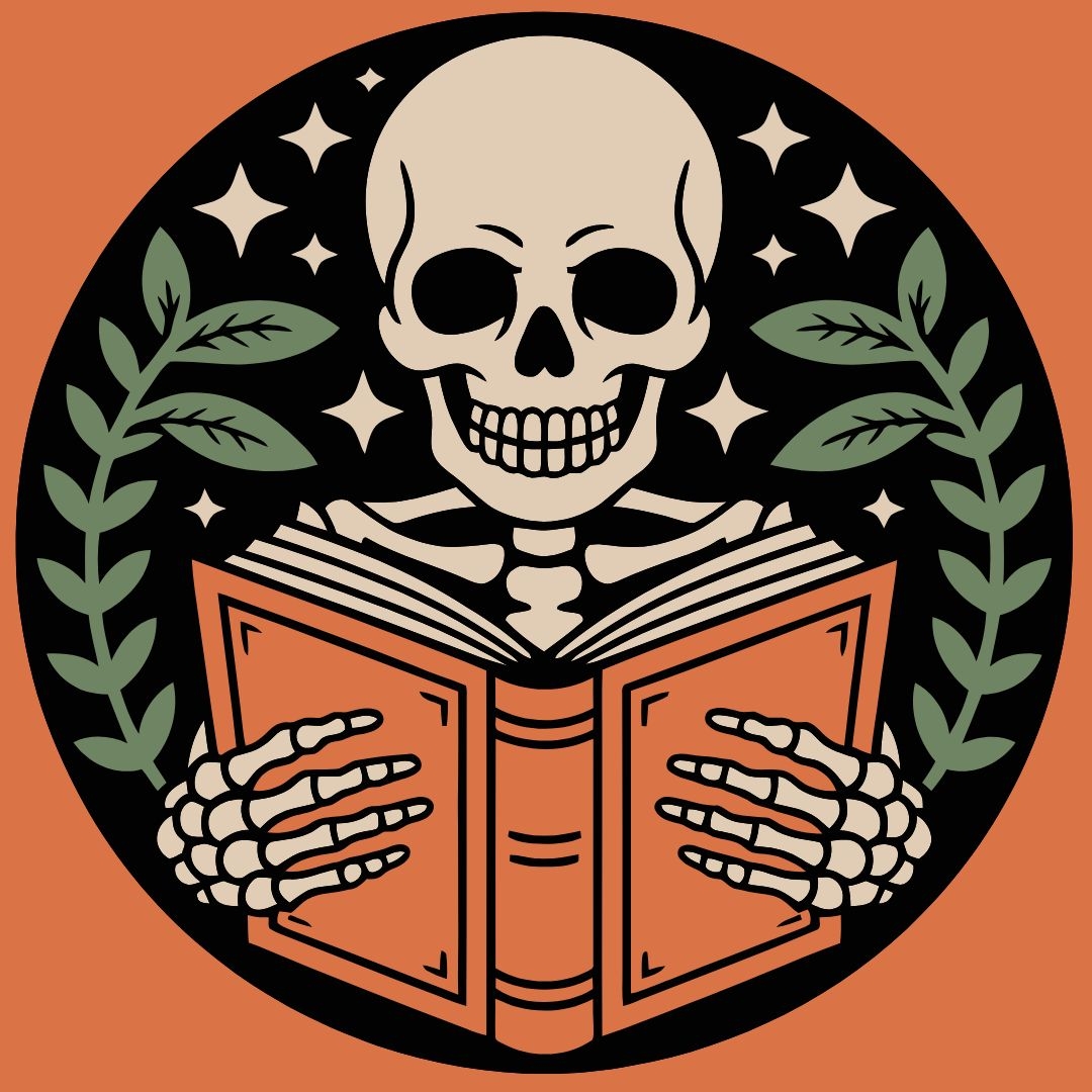 a cream colored skeleton reading an orange book surrounded by stars and leaves