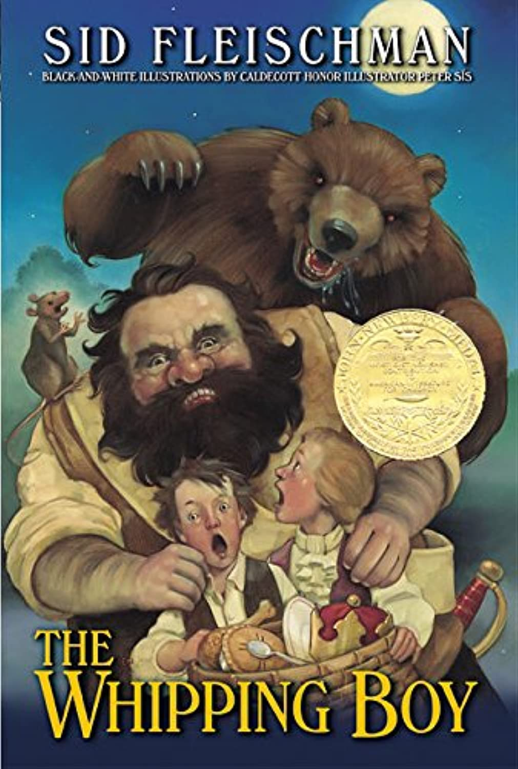 Book cover shows 2 small frightened boys held by a large man who has a bear behind him.