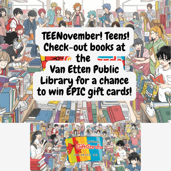 MANGA-drawn teens in the background with a gift card