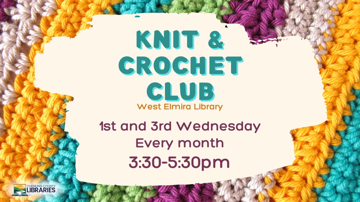 Colorful crocheted background with bright letters spelling out "Knit and Crochet Club"