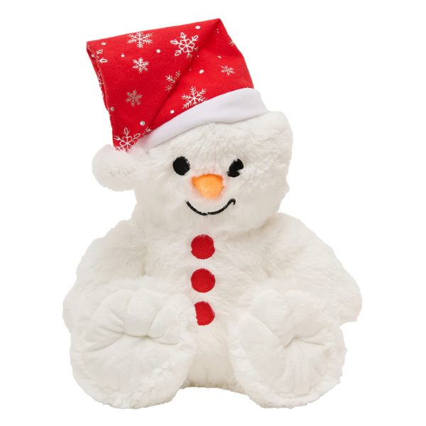 stuffed snowman wearing a red hat decorated with snowflakes 