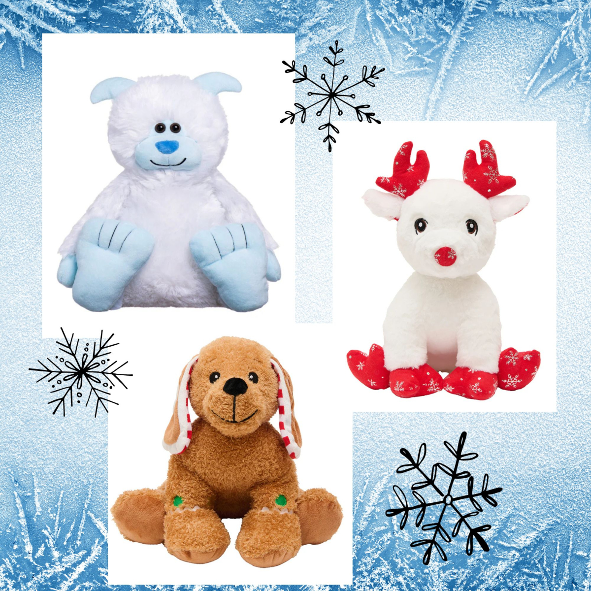 3 choices to stuff, snow monster, reindeer and dog
